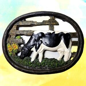 Vintage Cast Iron Trivet-Black and White Cow Trivet Farmhouse Decor 8"x6.25"